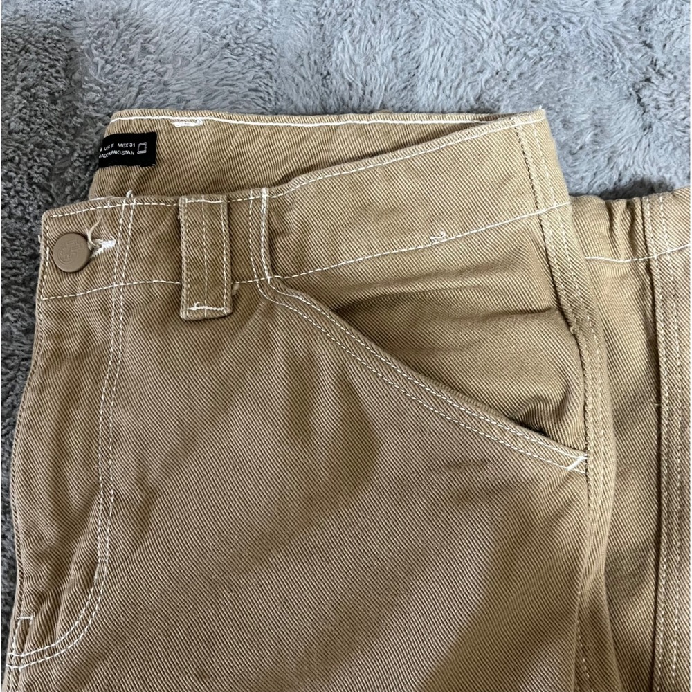 Zara Man Khaki Cargo Pants Tan Contrast Stitch Straight Leg Utility Size 31 - Picture 7 of 7